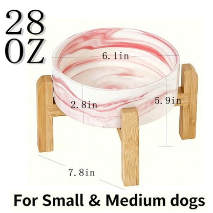 Elevated/Raised Ceramic Dog Bowl with Bamboo Stand,Marble Pattern 6 Inch 3.6 Cups Non Slip Heavy Weighted Single Pet Dish, for Small Medium Breed & Cats,Reduces Neck Strain Marble Pink - color: Marble Pink, size: 3.6 Cups - Medium