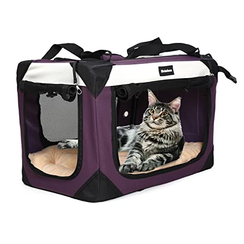 Large Cat Carrier, Collapsible Dog Travel Crate Portable Soft-Sided Pet Carrier with Super Soft Warm Plush Mat for Indoor and Outdoor 24x16x16in,Purple - color: Purple, size: Large