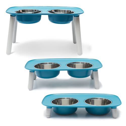 Messy Mutts Elevated Double Feeder with Stainless Bowls | Adjustable Height 3”, 5”, or 10” | Adjustable Standing Feeder for Dogs | 5 Cups per Bowl | Blue - color: Blue