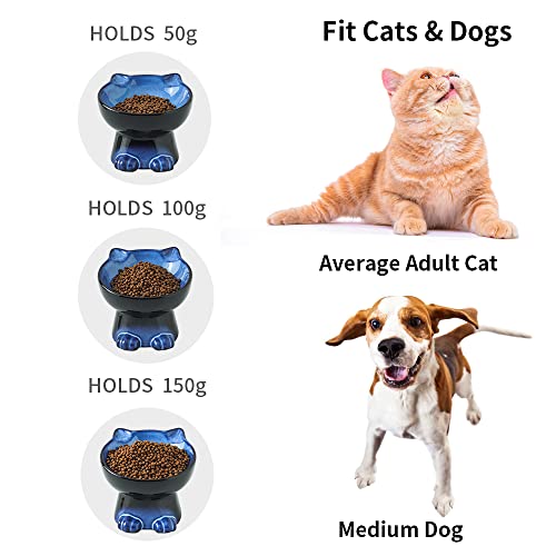 Nihow Elevated Cat Bowls,6 Inch Ceramic Raised Cat Food and Water Bowl Set | Slanted,Whisker Friendly,for Protecting Pet's Spine,Microwave & Dishwasher Safe ,Elegant Blue & Black,6.8 OZ - color: Blue & Black, size: 6.8 OZ+15.5 OZ