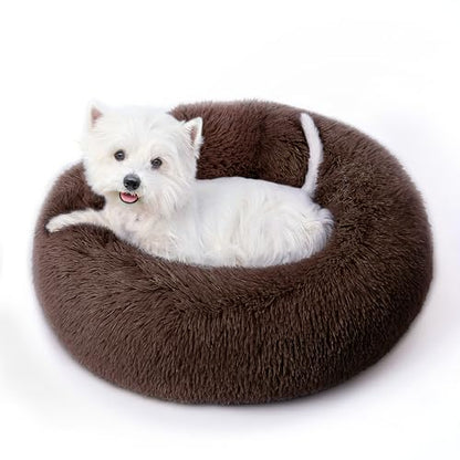 Calming Round Dog Bed & Cat Bed with Anti-Slip Bottom, Medium Size Washable Anti-Anxiety Donut Dog Beds for Small Dogs & Cats, Fluffy Plush Soft Dog Bed(24 Inch, Dark Brown) - color: Dark Brown, size: 24"l x 24"w x 8"th