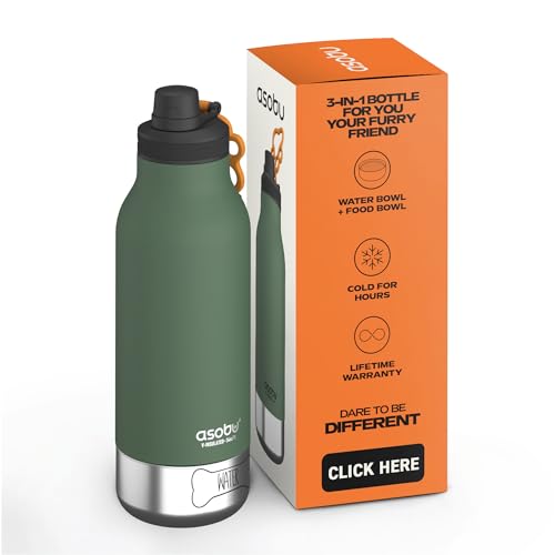 asobu Dog Barky Bottle – Insulated Stainless Steel Water Bottle with 2 Removable Dog Bowls for Food, Treats & Water – Pet-Friendly Travel Bottle for Hiking, Road Trips & Outdoor Adventures - color: Basil Green