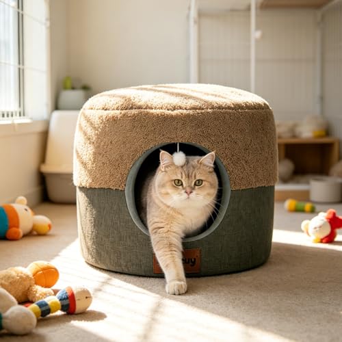 Cozy Cat Bed Cave for Indoor Cats,with Reversible Plush Cushion | 19.7"D x 15"H, 2-in-1 Convertible Kitten Bed, Hanging Cat Toys, Linen Fabric, Non-Slip, Large Cat Couch, Brown - color: Brown, size: L-1Pack:19.7"Lx19.7"Wx14.9"H