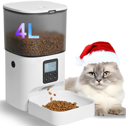 ANDOLL HOME Automatic Cat Feeder, 4L Cat Food Dispenser with 10s Voice Recorder, Pet Feeder up to 8 Meals per Day, Timed Dog Feeder with Dry Food Sealed Ring - color: Jade white