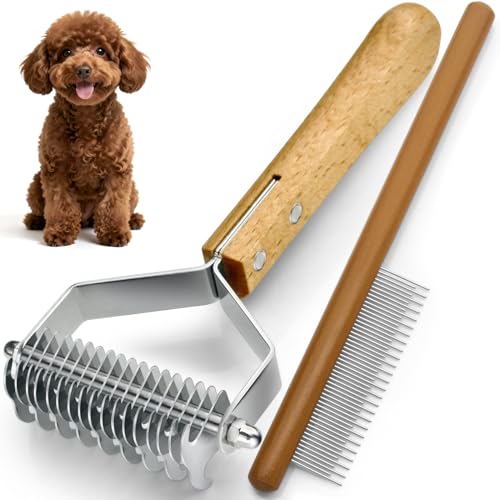 Dematting Comb for Dogs and Cats, Mat Remover and Deshedding Grooming Tool, Safe Detangler for Matted Fur, Double Sided Undercoat Rake for dogs