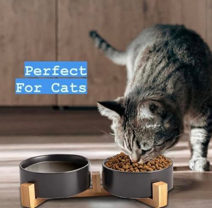 Ceramic Cat and Small Dog Bowl Set – Modern Indoor Small Size Pet Food and Water Bowls with Wood Stand – Non Slip Puppy Sized Feeding Station with Double Dishes (Black) - color: Black