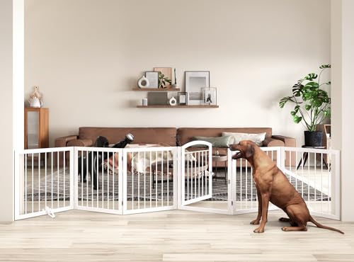 JSB 144-inch Extra Wide 30-inch Tall Dog gate with Door Walk Through, Freestanding Round Tube Pet Gate for Halls Stairs, Puppy Safety Dog Fence with 2PCS Support Feet (White) - color: Round Tube White, size: 144 x 30 inches