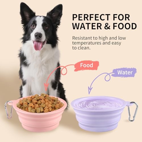 Collapsible Dog Bowls 2-Pack, Portable Travel Dog Bowl with Carabiner, Food-Grade Silicone Pet Bowl for Hiking, Walking (22 OZ Macaron Pink and Violet) - color: 22 OZ Macaron Pink and Violet