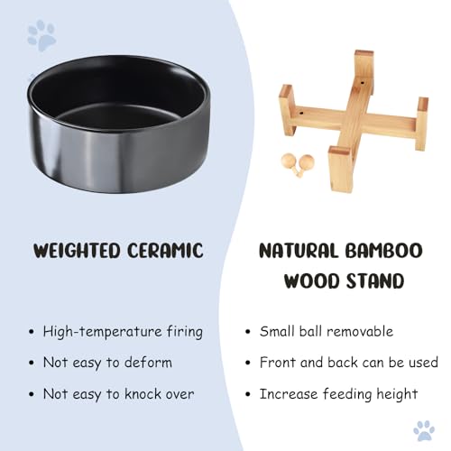 SPUNKYJUNKY 15° Slanted Ceramic Dog and Cat Bowl with Wooden Stand, Tilted Bulldog Food and Water Bowl No Slip Non-Spill for Cats Medium Dogs Big Face Pets 28.7 OZ (3.6 Cups, Black) - color: Black, size: 3.6 CUPS × 1