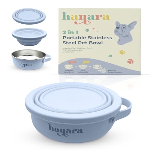 HANARA 2-in-1 Insulated Dog Bowl with Collapsible Lid & Handle – Stainless Steel, Non-Slip Rubber Base – Portable Pet Water & Food Bowl for Dogs & Cats – 30 OZ + 20 OZ – Indoor & Outdoor (Blue) - color: Blue