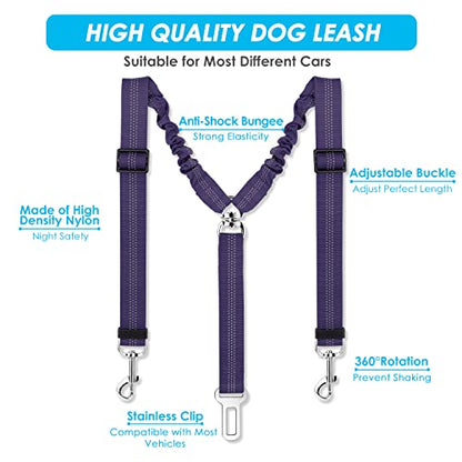 SlowTon Dog Seat Belt, Double Dog Seatbelt Adjustable Vehicle Safety Leash with Elastic Bungee Buffer, Reflective No Tangle Y Shape Two Dog Harness Seat Belt Splitter for Pets Car Trip (Purple, S) - color: H.Purple, size: 2 Small in 1
