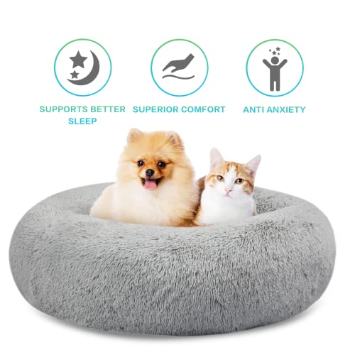 SAVFOX 23 inches Calming Donut Dog Bed - 3X Durable Plush Faux Fur, Machine Washable & Non-Slip, Fits up to 25 lbs, Light Grey - color: Light Grey, size: Small | 23"x23"