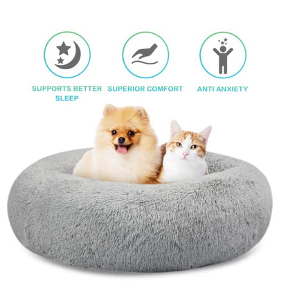 SAVFOX 23 inches Calming Donut Dog Bed - 3X Durable Plush Faux Fur, Machine Washable & Non-Slip, Fits up to 25 lbs, Light Grey - color: Light Grey, size: Small | 23"x23"