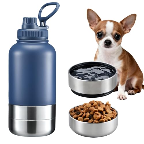 Cibaabo Insulated Dog Water Bottle with 2 Bowls, 32oz Travel Stainless Steel Double Wall Thermos, Portable Pet Dispenser, Gifts for Puppy Small Medium Dogs Walking Hiking and Camping - color: Navy Blue