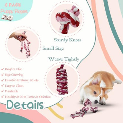 3 Pack Dog Rope Toys Puppy Teething Sturdy Cotton Chew Toy for Small Breed | 2-8 Months Pets Durable Interactive Tug Ropes Teeth Clean Pink Girl Indoor/Outdoor Boredom - size: Small