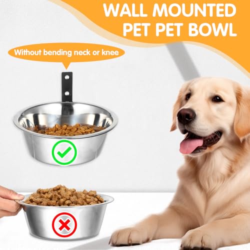 2 Pcs Wall Mounted Dog Bowl, Wall Mounted Pet Feeding Bowls, Elevated Pets Bowls, Adjustable Heights Hanging Stainless Steel Dog Food and Water Bowl with Foldable Stand Holder