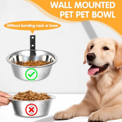 2 Pcs Wall Mounted Dog Bowl, Wall Mounted Pet Feeding Bowls, Elevated Pets Bowls, Adjustable Heights Hanging Stainless Steel Dog Food and Water Bowl with Foldable Stand Holder
