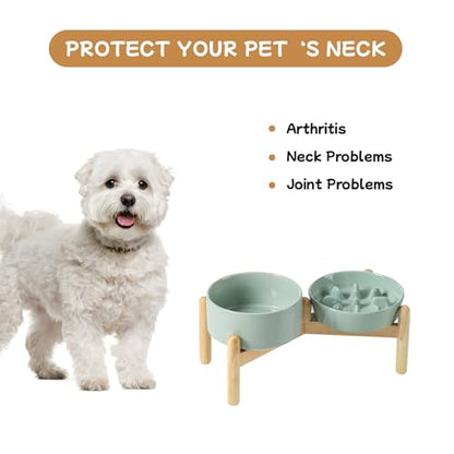 Havniva 6.1” Raised Slow Feeder Dog Bowls Set, 0.9 Cups Ceramic Slow Feeder Dog Bowl and 6.1” Dog Water Bowl with Elevated Wooden Stand Puzzle Dog Food Bowl for Small Dogs Anti-Gulping & Anti-Choking - color: 2 x Light Green+Stand-C, size: 6.1inch