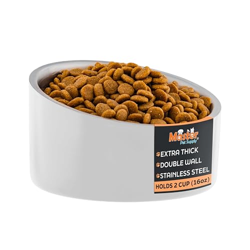 Master Pet Supply Stainless Steel Slanted Dog Cat Food Bowl - 16 oz Heavy Duty - Bone White, Double Wall Insulated, Non-Slip Elevated Bowl for French Bulldogs Pugs Cats, Anti Rust Dishwasher Safe - color: Bone White, size: 2 Cups (16 oz)