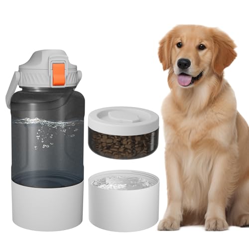 Cibaabo 53oz Large Dog Water Bottle with Water & Food Bowl, 3-in-1 Portable Pet Feeding & Hydration Dispenser for Large Dogs & Humans, Leak-Proof Tritan Bottle for Hiking, Camping, Walking, Car Trips - color: White