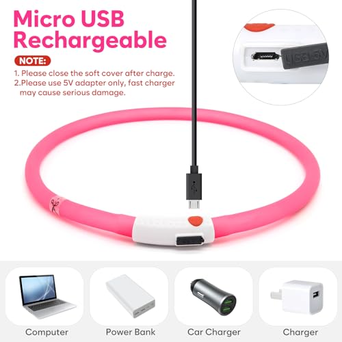 HIGO LED Dog Collar, Silicone Lightweight Light Up Dog Collars, USB Rechargeable LED Dog Necklace Light for Your Dogs Cats Glow in the Dark (Pink-Silicone) - color: Pink-Silicone