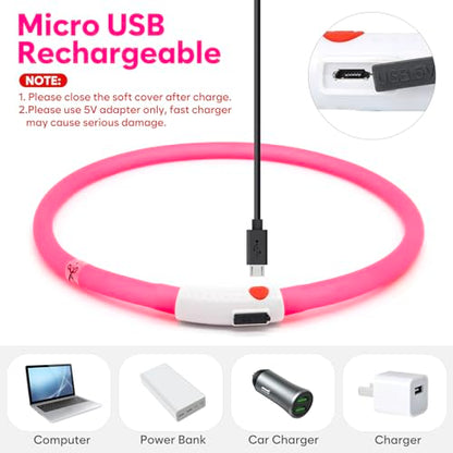 HIGO LED Dog Collar, Silicone Lightweight Light Up Dog Collars, USB Rechargeable LED Dog Necklace Light for Your Dogs Cats Glow in the Dark (Pink-Silicone) - color: Pink-Silicone