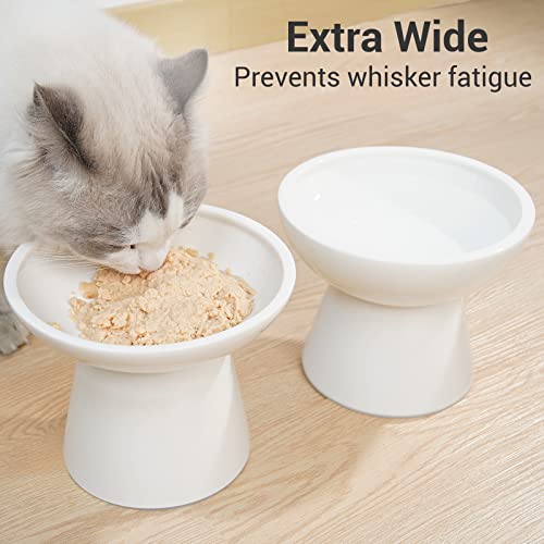 CEEFU 2 Elevated Ceramic Cat Bowls Extra Wide for Food & Water – Whisker Fatigue Shallow Food Dish, Lead & Cadmium-Free, Raised Height for Cats and Dogs, White - color: White