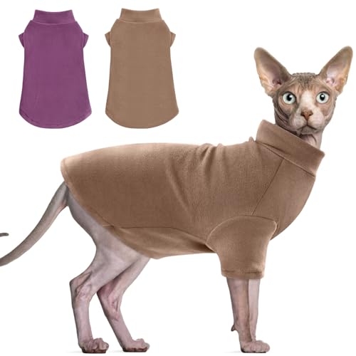 Idepet Sphynx Cats Sweater 2 Pack,Turtleneck Hairless Cat Shirt Soft and Warm Kitten Clothes with Sleeves Pullover Pet Winter Pajamas Jumpsuit for Cat Puppy (Purple&Brown, Large) - color: Purple&Brown, size: Large