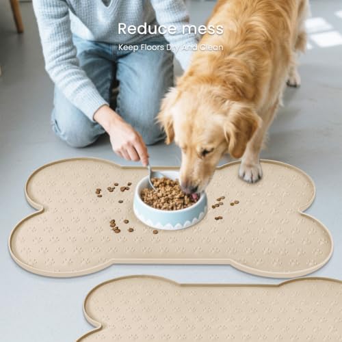 PWTAA Dog Food Mat Anti-Slip Silicone Dog Bowl Mat Thicker Pet Placemat Waterproof Cat Feeder Pad with Raised Edge Puppy Kitten Feeding Mats Suitable Small Medium-Sized Dogs Cats Eating Tray - 2PCS - color: Beige, size: 25.6" x 13"-2PCS
