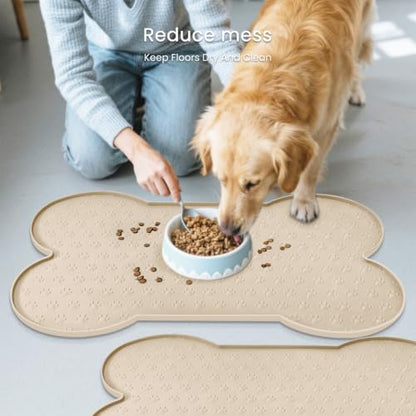 PWTAA Dog Food Mat Anti-Slip Silicone Dog Bowl Mat Thicker Pet Placemat Waterproof Cat Feeder Pad with Raised Edge Puppy Kitten Feeding Mats Suitable Small Medium-Sized Dogs Cats Eating Tray - 2PCS - color: Beige, size: 25.6" x 13"-2PCS