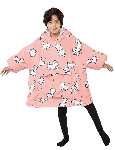 KFUBUO Wearable Blanket Hoodie for Kids Sherpa Dog Patterns Oversized Sweatshirt Blanket with Pocket 6-10 Year Old Girl Boy Birthday Gifts - color: Dog, size: Kids 6-10YR