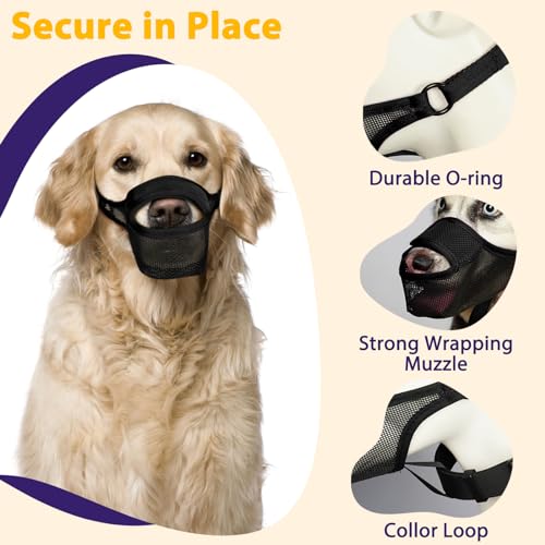 LUCKYPAW Dog Muzzle, Patented Mesh Muzzle for Large Medium Small Dogs Allows Full Pant Drinking Mouth Cover to Prevent Biting Chewing Scavenging Adjustable Breathable Mouth Guard(Black,M) - size: M-Snout:8.75-9.5"