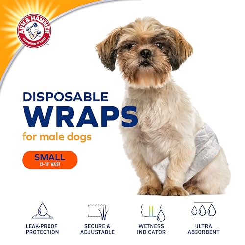 Arm & Hammer Small Male Dog Wraps, Disposable Belly Band Diapers with Baking Soda Odor Control, Super Absorbent Leak Resistant Design for Marking and Incontinence, 12-19 Inch Waist, 12 Count - size: Small