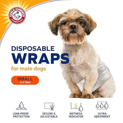 Arm & Hammer Small Male Dog Wraps, Disposable Belly Band Diapers with Baking Soda Odor Control, Super Absorbent Leak Resistant Design for Marking and Incontinence, 12-19 Inch Waist, 12 Count - size: Small