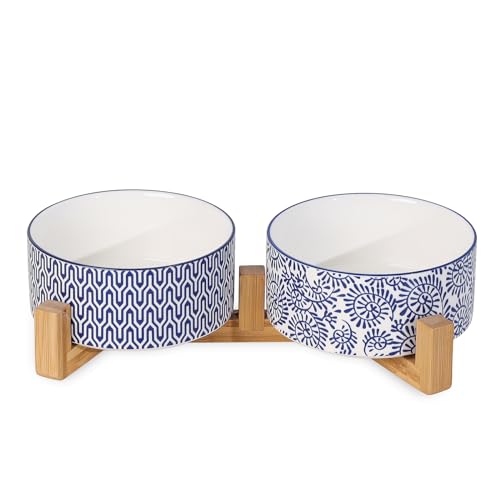 Selamica Ceramic 30 OZ Dog Bowls, Dog Food and Water Bowls with Wooden Stand, Anti-Slip Dog Dishes Set for Cats Small & Medium Sized Dogs, Weighted Pet Bowls Set of 2, Vintage Blue B - color: Vintage Blue B, size: 30 oz