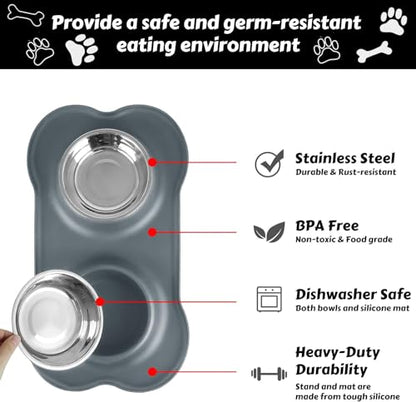 AsFrost Dog Food Bowls Stainless Steel Dog Food & Water Bowl Set with No Spill Non-Skid Silicone Mat, Dog Dishes Pet Feeding Bowls for Small Medium Large Sized Dogs Cat Puppy Food Bowl, Grey, 4 Cup - color: Grey, size: 4¾ Cup/38 oz each