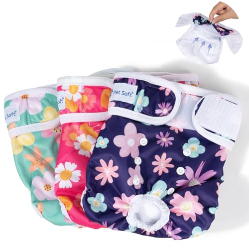 Pet Soft Washable Female Diapers (3 Pack) Female Dog Diapers, Comfort Reusable Doggy Diapers for Girl Dog in Period Heat (Bloom, L) - size: Large:19''-25''