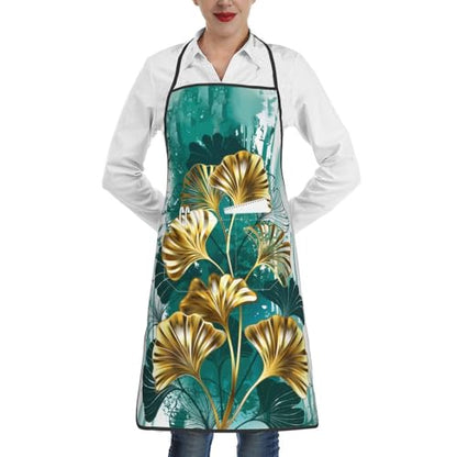 Women Men Bib Aprons Chef Cooking Apron With Pockets For Kitchen Grilling Bbq Painting Gardening - color: Green Leaves