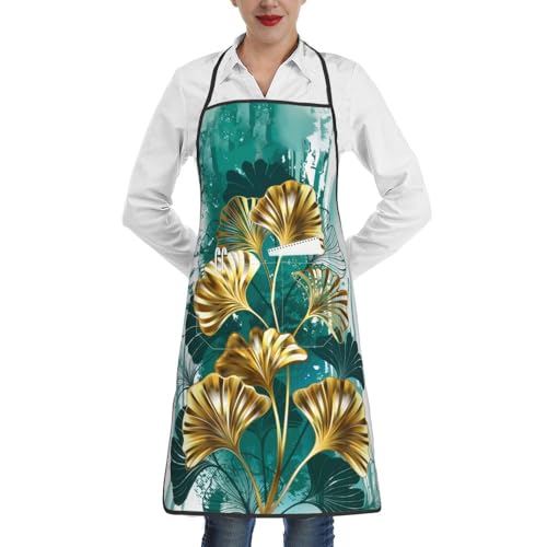 Women Men Bib Aprons Chef Cooking Apron With Pockets For Kitchen Grilling Bbq Painting Gardening - color: Green Leaves