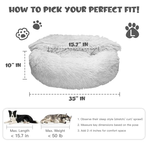 Himax Donut Dog Beds for Large Dogs with Blanket, Cozy Soft Fluffy Round Dogs Beds, Calming Dog Bed Washable (20"/26"/35") Light Grey - color: Light Grey, size: 35.0"L x 35.0"W x 10.0"Th