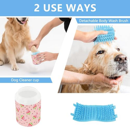 Watermelon Pink Pattern Dog Paw Cleaner Cup with Soft Silicone Brush, Portable Small Lightweight Muddy Paw Washer for Dogs, Easy to Use Pet Foot Cleaner