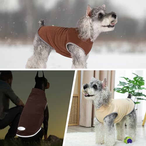 cyeollo 2 Pack Fleece Dog Sweater Pullover Vest with Reflective Stripe, M | 4-Way Stretch, Lightweight Soft Fleece Sweatshirt, Reflective in Low Light, Easy On & Off, Wear Alone or Layered - color: Brown & Khaki, size: Medium