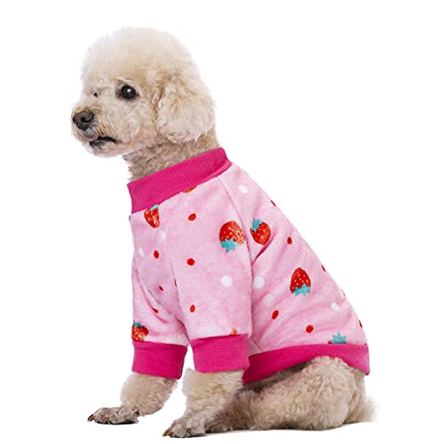Thick Small Dog Clothes, Flannel Puppy Hoodie, Pink Strawberry Print Pet Sweatshirt, Cat Apparel (S, Pink) - color: Pink Strawberry, size: Small