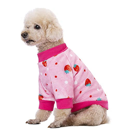 Thick Small Dog Clothes, Flannel Puppy Hoodie, Pink Strawberry Print Pet Sweatshirt, Cat Apparel (S, Pink) - color: Pink Strawberry, size: Small