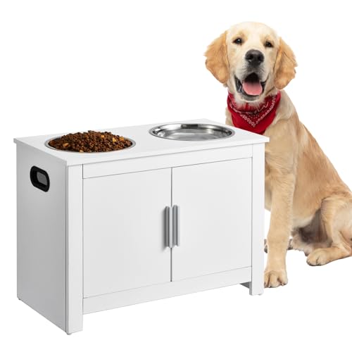 VEVOR Elevated Pet Bowls with Storage Cabinet, Feeding Station with 2 Raised Bowls, Wooden Stand with Handles & Magnetic Doors, Pet Feeder & Toy Organizer, White - size: 23.62x11.81x17.32 inch