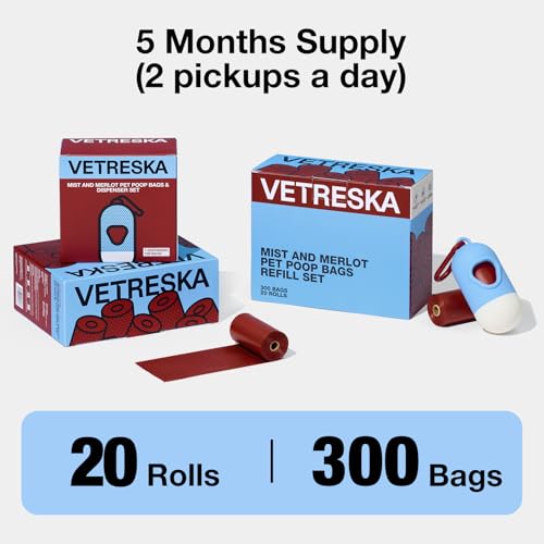 VETRESKA Dog Poop Bags, Leak Proof, Extra Thick and Large Pet Waste Bags for Dog Walking and Cat Litter, Rose & Amberwood Scented, 300 Bags - size: 1 Count (Pack of 300), style: Mist and Merlot
