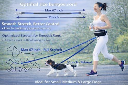 Hands Free Dog Leash with Waist Belt & Large Zipper Pouch, Waist Leash for Dog Walking, Running & Hiking, Reflective Stitching & Dual Padded Handles, Ideal for Medium to Large Dogs (Black Blue) - color: black blue