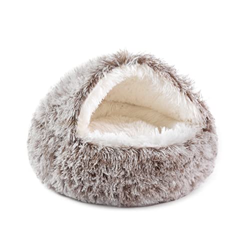 NOYAL Round Hooded Donut Dog Bed for Small & Medium Pets - Plush Fluffy Anti-Anxiety Cat Cave Bed with Cover - color: Gradual brown, size: X-Small 15.7''