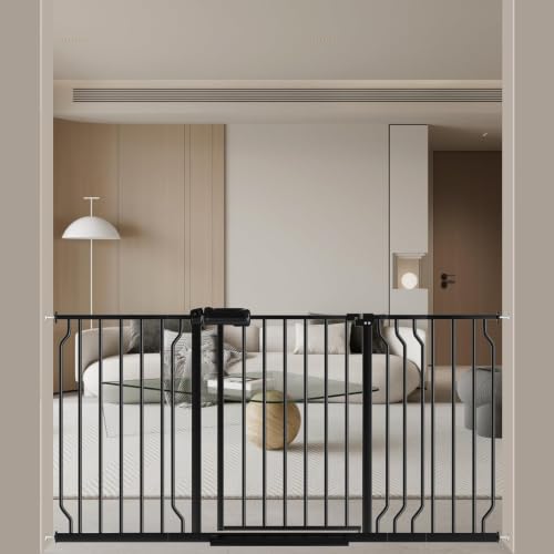 WAOWAO Baby Gate 134-158cm(53-62인치) 엑스트라 와이드 압력 장착 워크 스루 스윙 자동 닫힘 안전 블랙 메탈 유아 어린이 개 애완동물 강아지 계단, 출입구, 주방용 - color: 블랙., size: 52.8-61.8"/134.11-156.97cm
