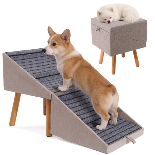 Dog ramp for Small Dogs, 2-in-1 Pet Steps & Ottoman - Foldable Dog ramp for Couch, Non-Slip Wooden Pet ramp for Puppy Senior Injured Dogs (Light Brown, XL(17.13H)) - color: Light Brown, size: XL(17.13H)